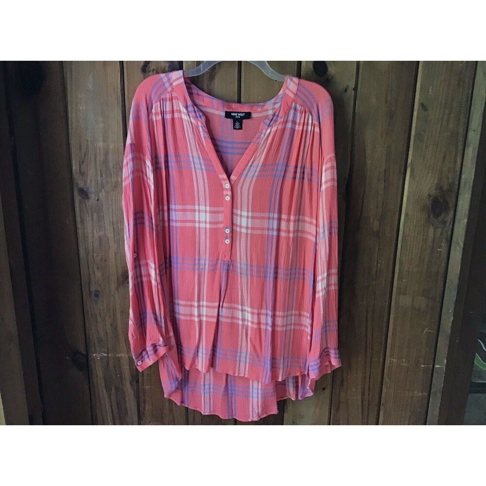 Nine West Womens Orange Plaid Roll Tab Sleeve Top Size L Casual Country Western